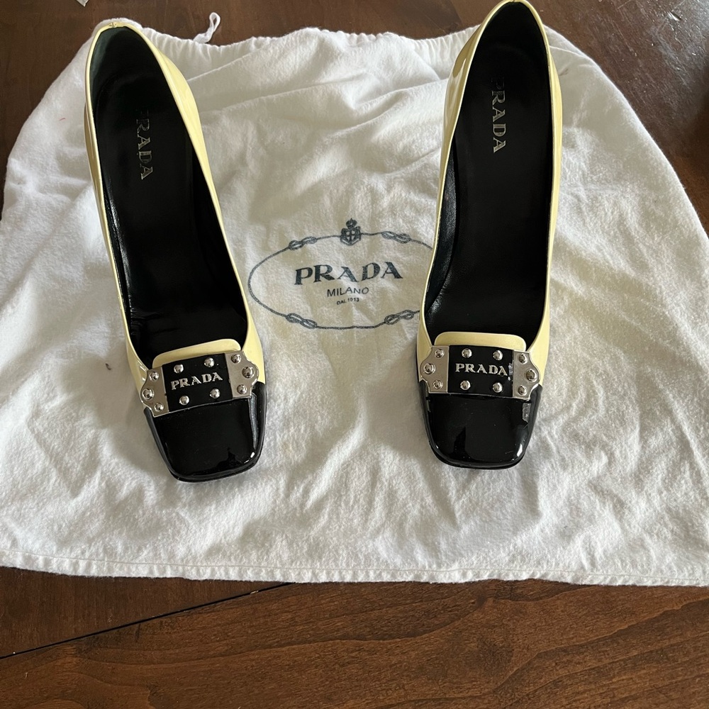 Vintage Prada Cream & Black Patent Leather Heels with Silver Hardware & Dust Bag
